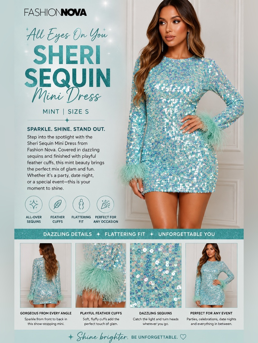 Fashion Nova Sheri Sequin Mini Dress - Mint